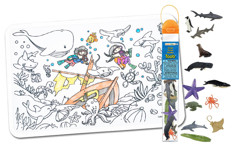 Colour Me Mats x Safari Ltd - Deep Blue Sea Toob Bundle - Reusable Silicone Colouring Mats